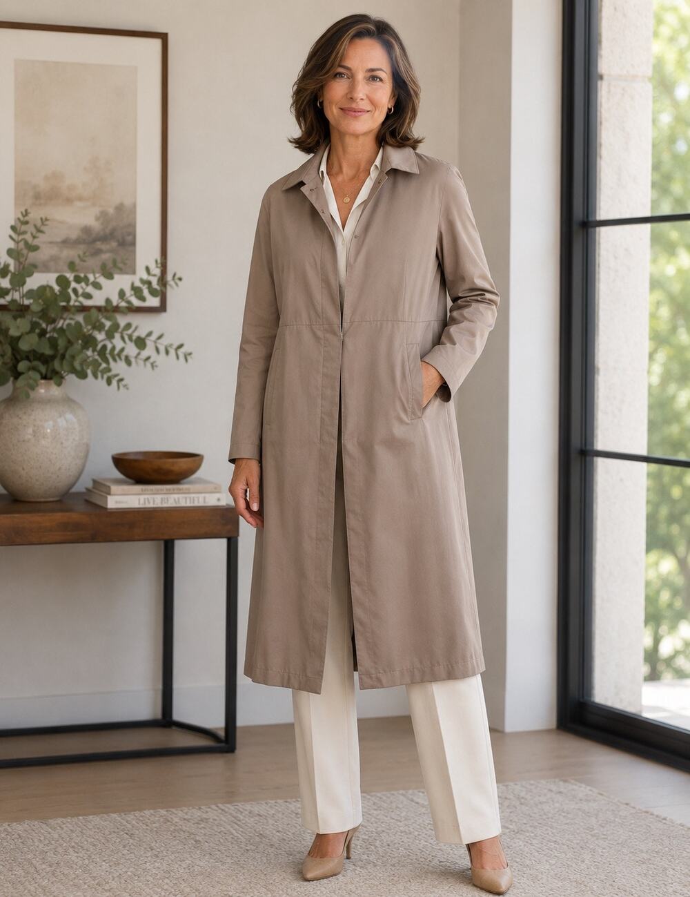 Sanyo‎ New York Beige Trench Lightweight Over Coat Hooded Pockets Womens Medium?